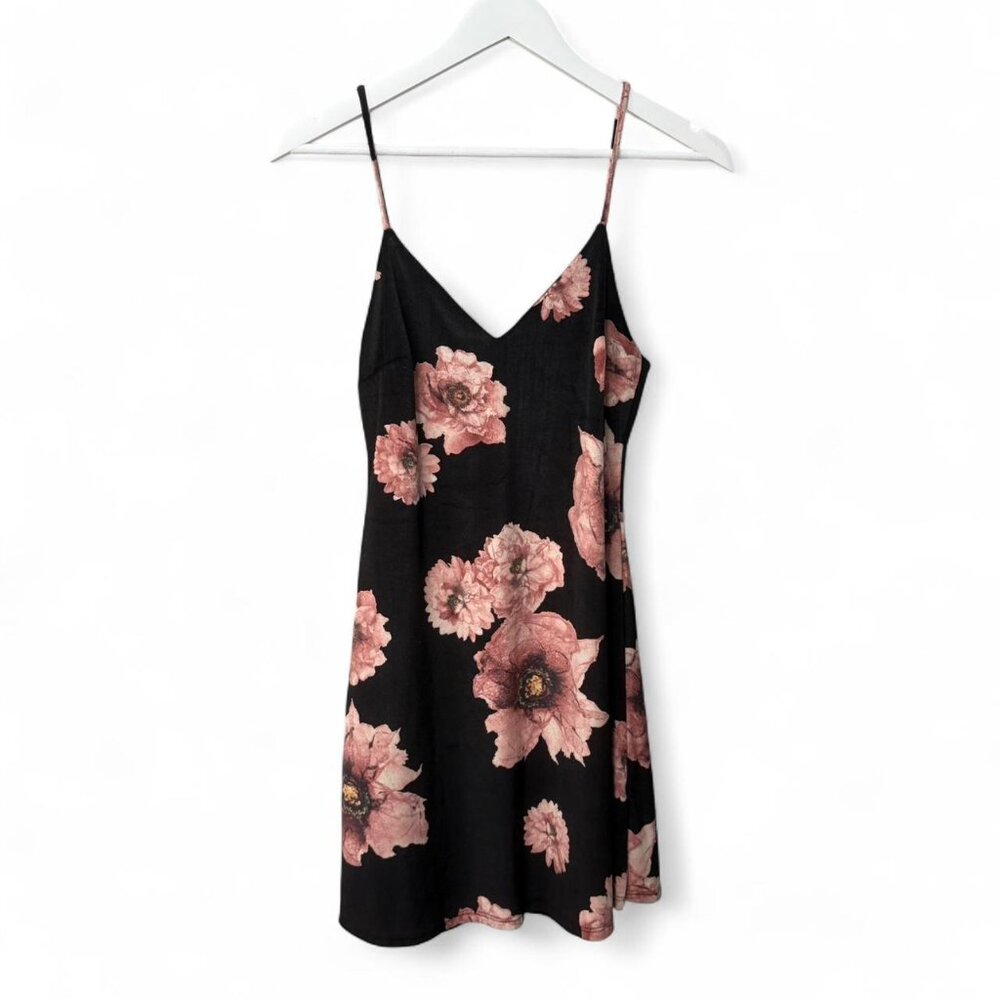 Rokoko by Dazz Black and Pink Floral Velvet Short Mini Slip Dress Women’s Size S